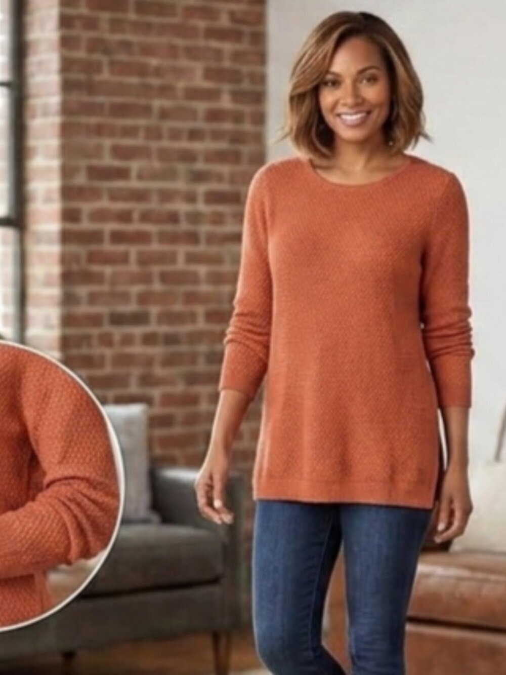J Jill Women's Size Small Orange Long Sleeve Round Neck Textured Knit Sweater